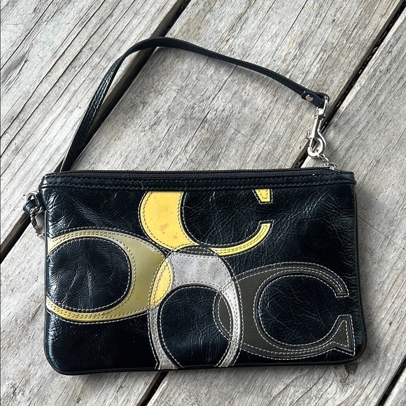 Coach Black Yellow Signature Patchwork Leather Wristlet - Picture 1 of 9